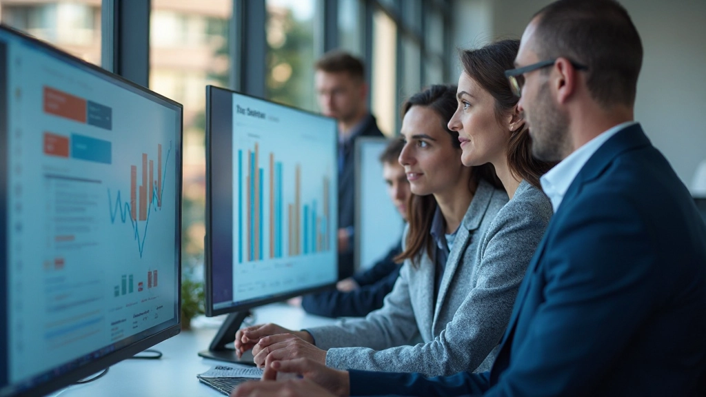 Команда менеджеров по клиентскому сервису анализирует метрики производительности системы NLP на интерактивном дисплее