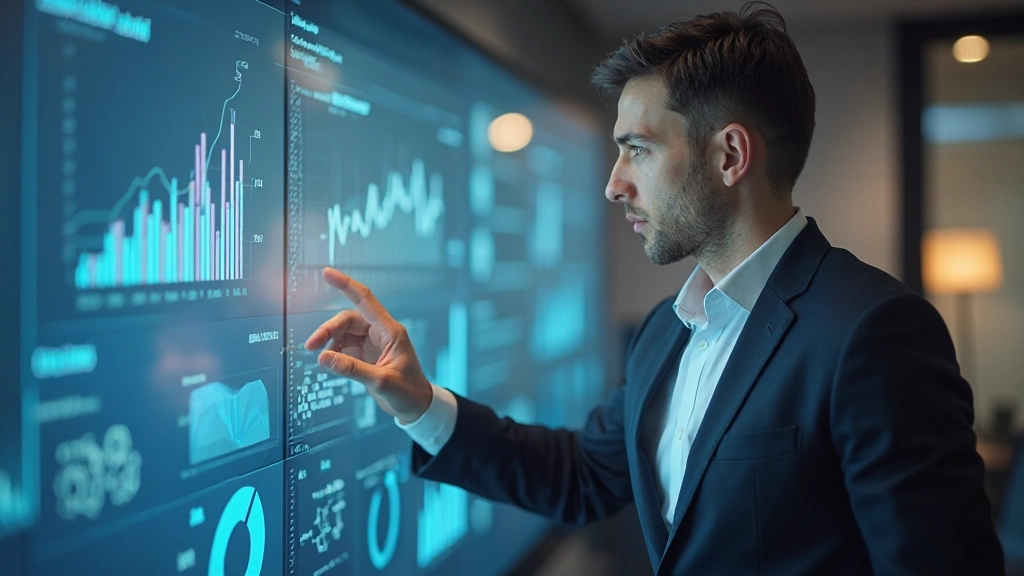 Аналитик по цифровой трансформации анализирует метрики готовности организации на интерактивной доске